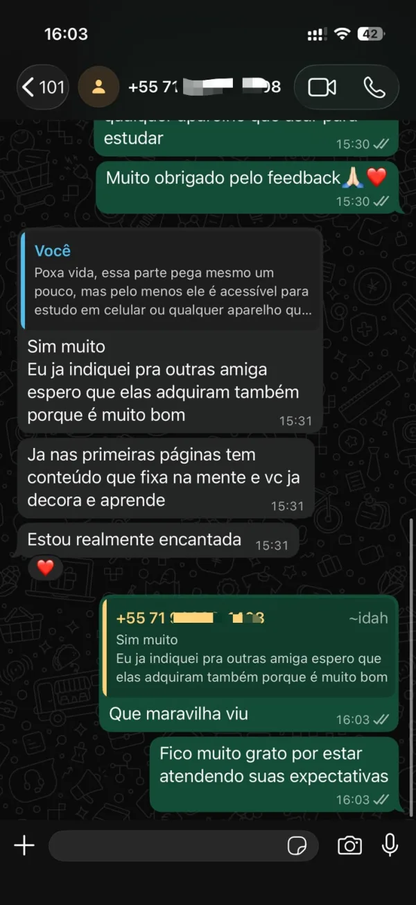 Aluna dizendo no WhatsApp que já indicou o material de francês